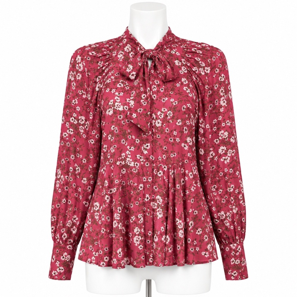 Zara Floral Peplum Top Women XS Red Tie Neck Long Sleeve Button Front Blouse